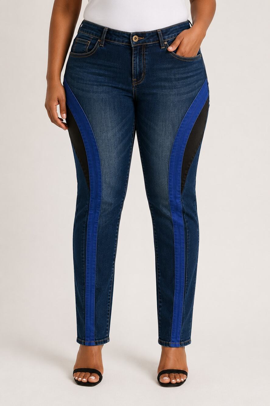 LR4503 Ashley Stewart Colorblock Skinny Jean Size 22 Blue Stretch Denim Plus